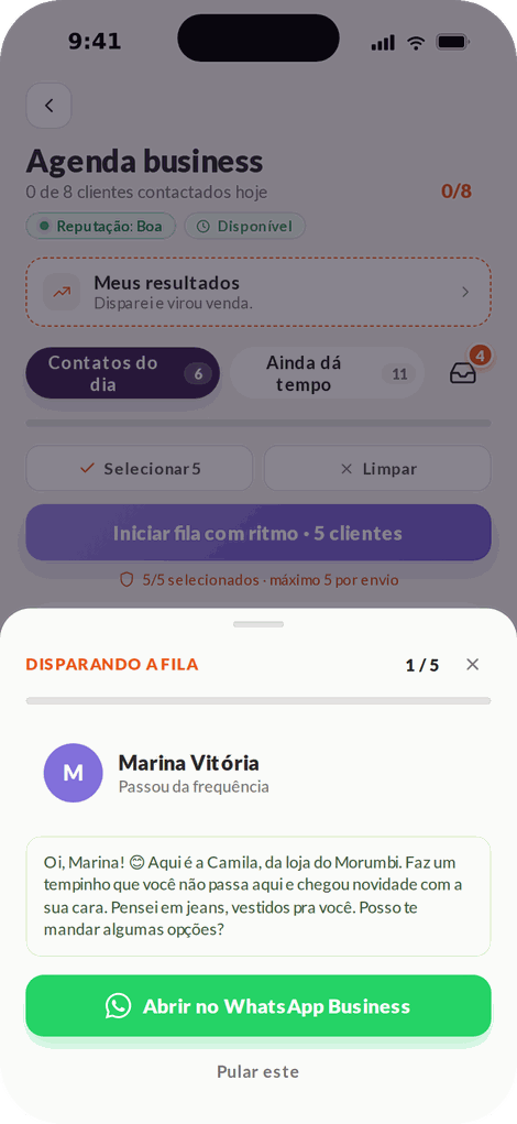 App do Vendedor com a agenda do dia montada e a mensagem pronta para sair no WhatsApp Business