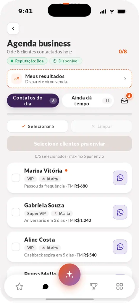 App do Vendedor com a agenda do dia montada e a mensagem pronta para sair no WhatsApp Business