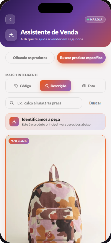 Assistente de Vendas reconhecendo a peça pela descrição, com 97% de semelhança