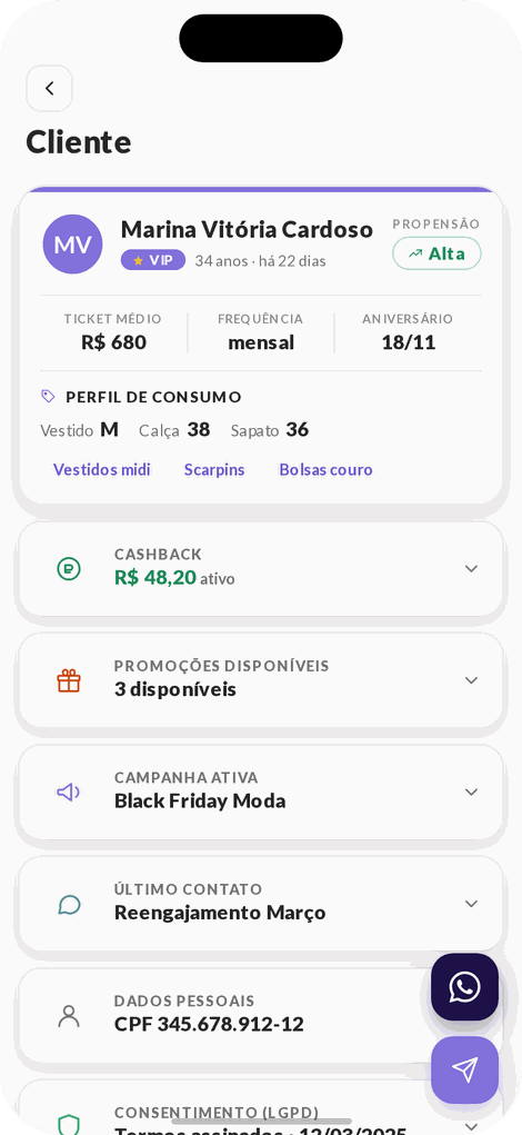 Ficha do cliente no app com propensão, ticket médio, frequência, perfil de consumo, cashback e campanha ativa