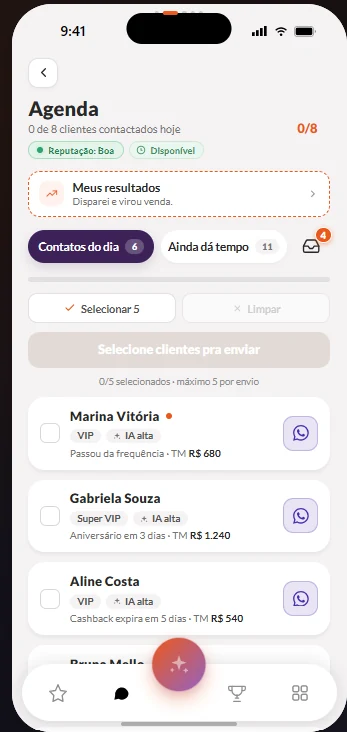 Sellbie Agenda com o dia montado e a lista de pessoas para falar hoje