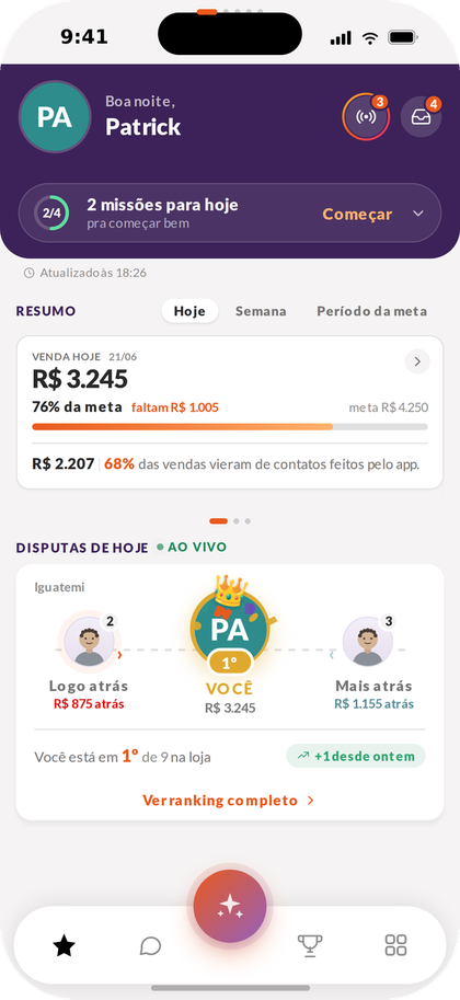 Tela inicial do app do vendedor, com as missões do dia e a disputa entre vendedores
