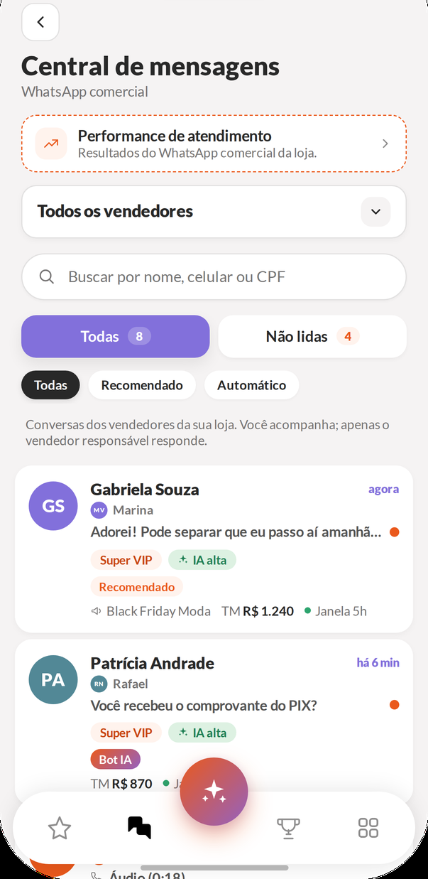 Central de mensagens do WhatsApp comercial da loja, com as conversas de todos os vendedores, busca e filtros