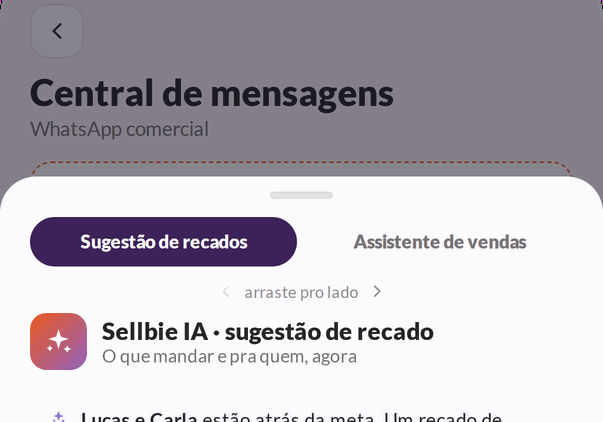 App do gerente montando um recado para os vendedores que estão atrás da meta